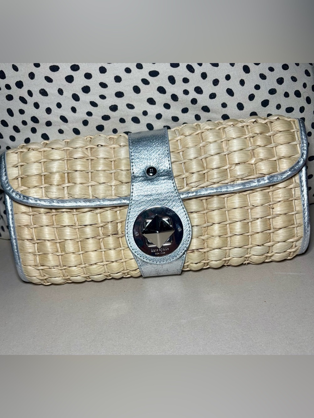 Kate Spade Woven Straw Clutch with Silver Trim